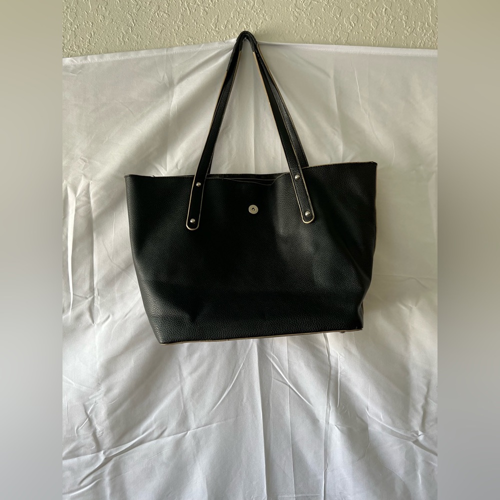 Jessica Moore large black pebble faux leather lux tote bag.
